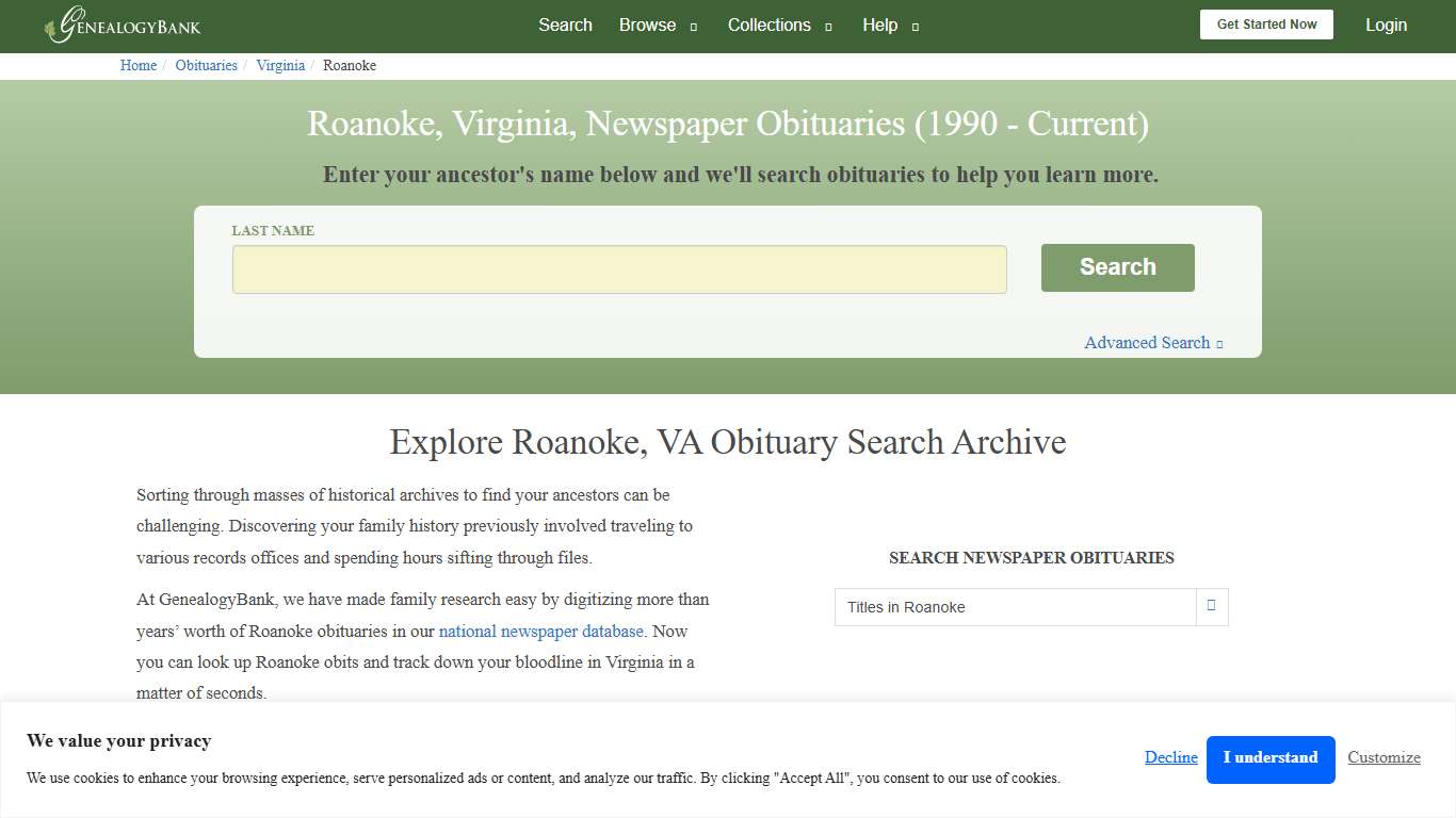 Roanoke, Virginia Obituary Archive Search | GenealogyBank