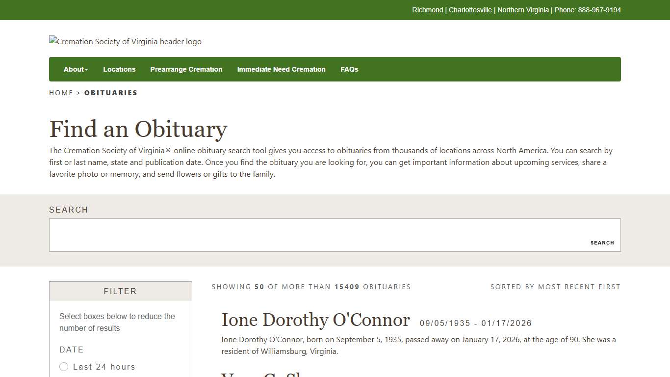 Find Obituaries & Funeral Services | Cremation Society of Virginia